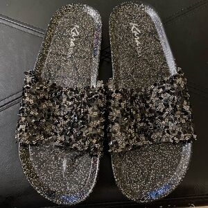 Kara USA black, silver glitter, beaded slides size 8